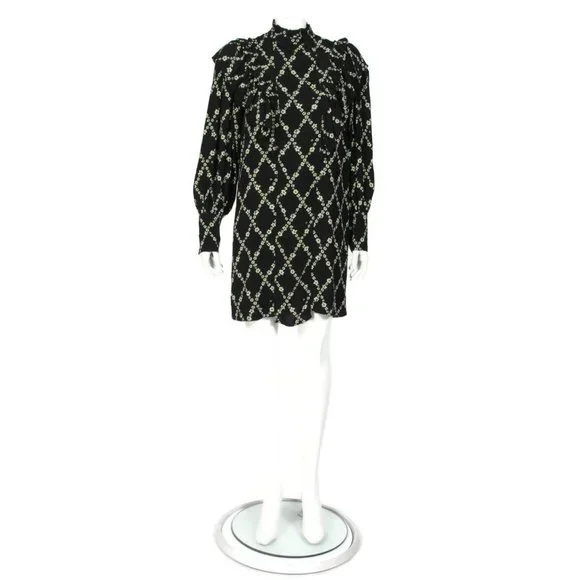 NWT GANNI Crepe Floral Print Mini Dress in Black Margarita Ruffle  sz 36 /655 - Picture 4 of 10